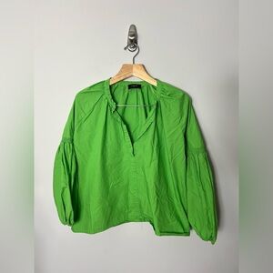 Chepe Paris 100% Cotton Balloon Sleeve Split Neck Blouse Green Top Shirt M 1094